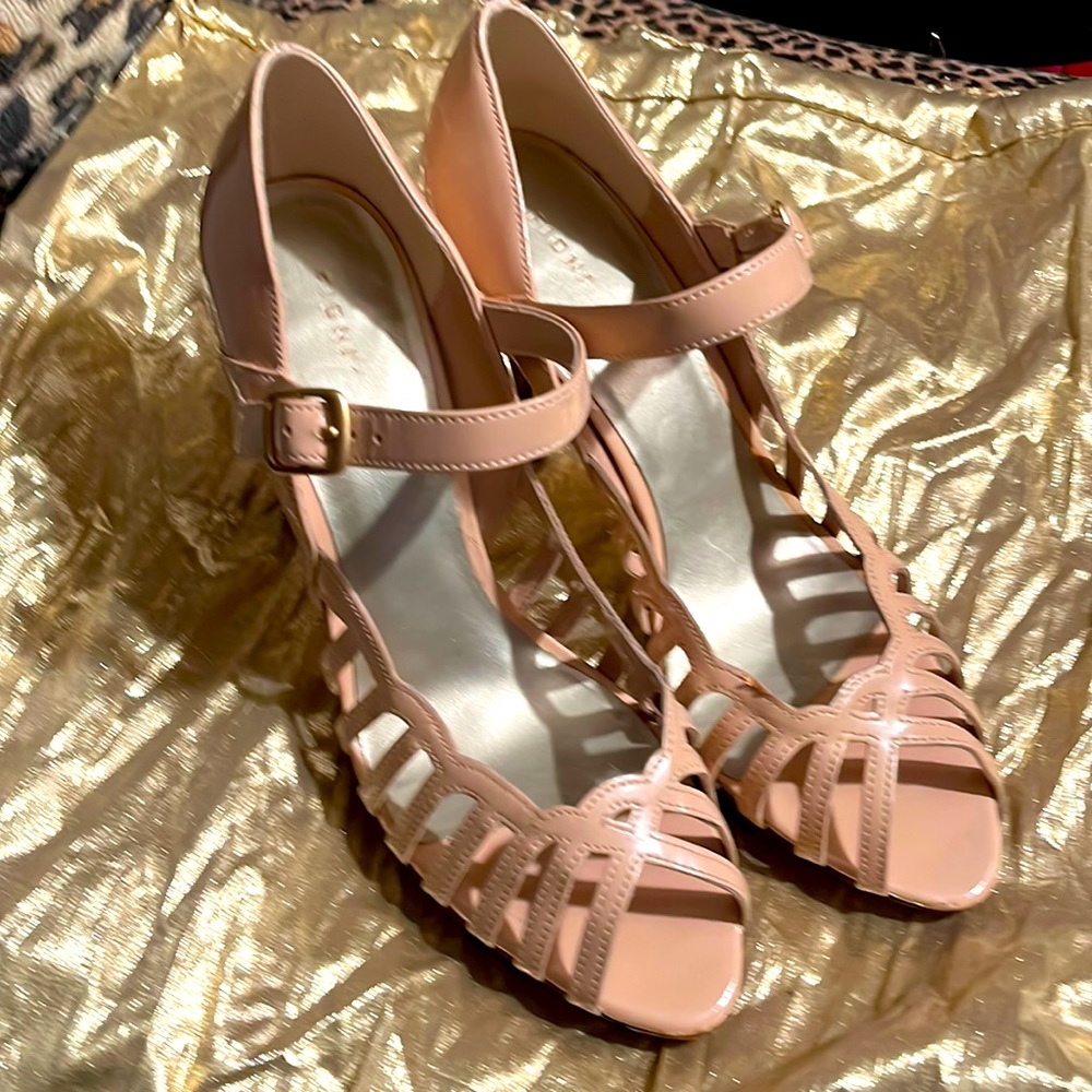 Dusty Rose dress shoe with gold tone buckles, wood like heel
